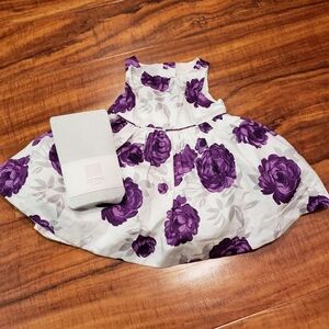 Janie and Jack NWT/EUC 3-6 months purple/gray floral sateen dress, silver tights